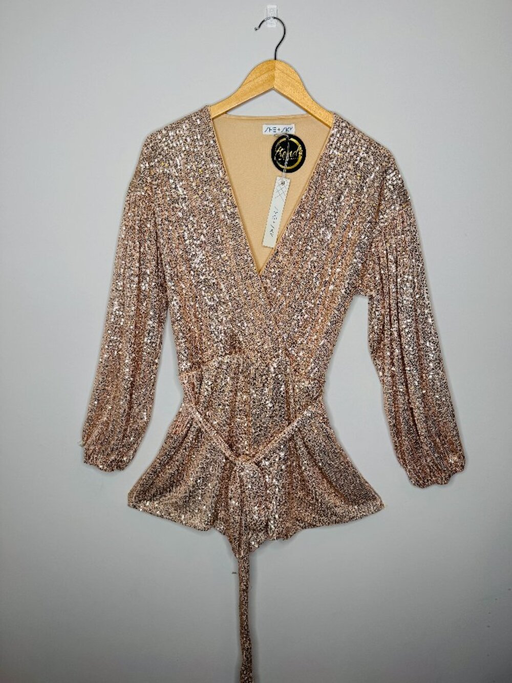 NWT She + Sky It's Your Time to Shine Romper Rose Gold Sequins Womens M Long Sle